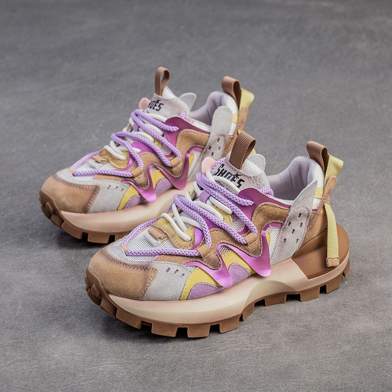 Women Patchwork Cowhide Leather Breathable Platform Shoes Leopard Print Platform Sneakers