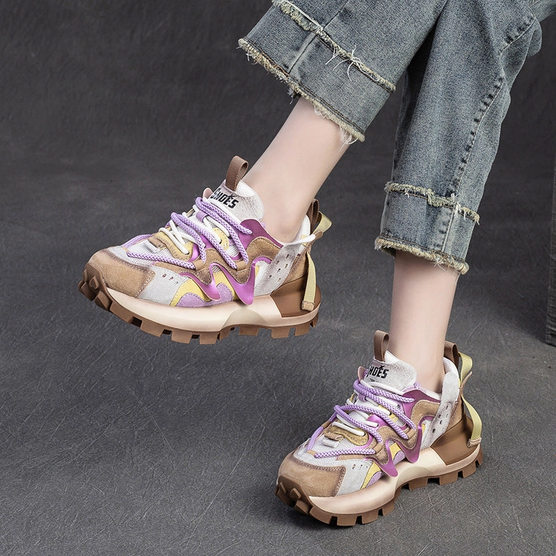 Women Patchwork Cowhide Leather Breathable Platform Shoes Flower Mountain Sneakers