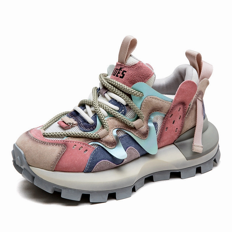Women Patchwork Cowhide Leather Breathable Platform Shoes Wide Tennis Sneakers