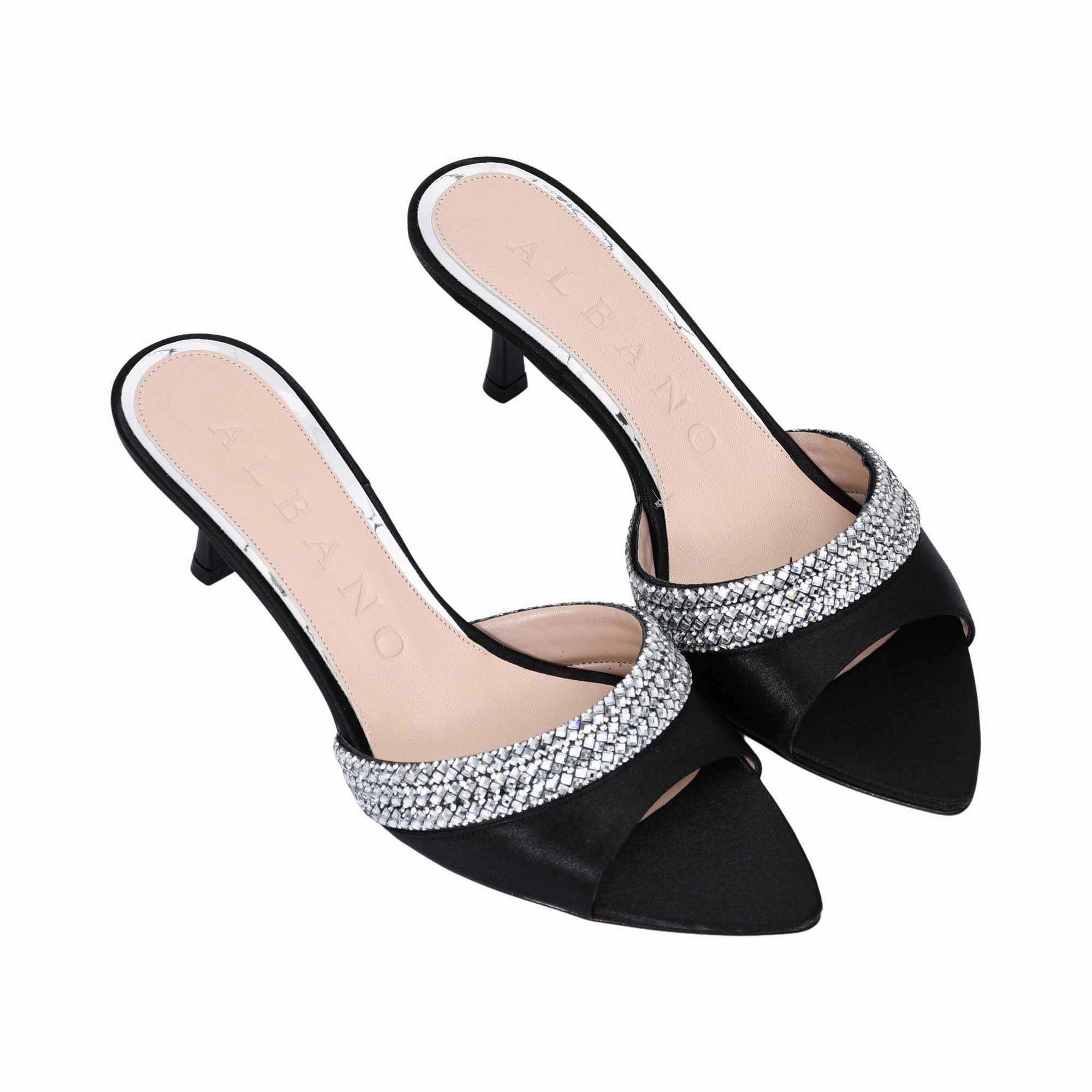 Heel Sandals Heels Albano Women's Crystal Embellished Mule Black Sandal