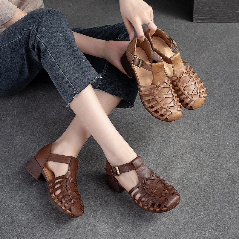 Women Summer Retro Handcraft Plaited Leather Sandals Sandals With Block Heel