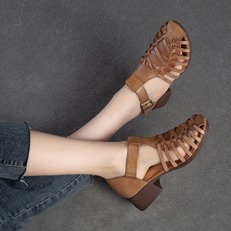 2 Strap Sandals Women Summer Retro Handcraft Plaited Leather Sandals