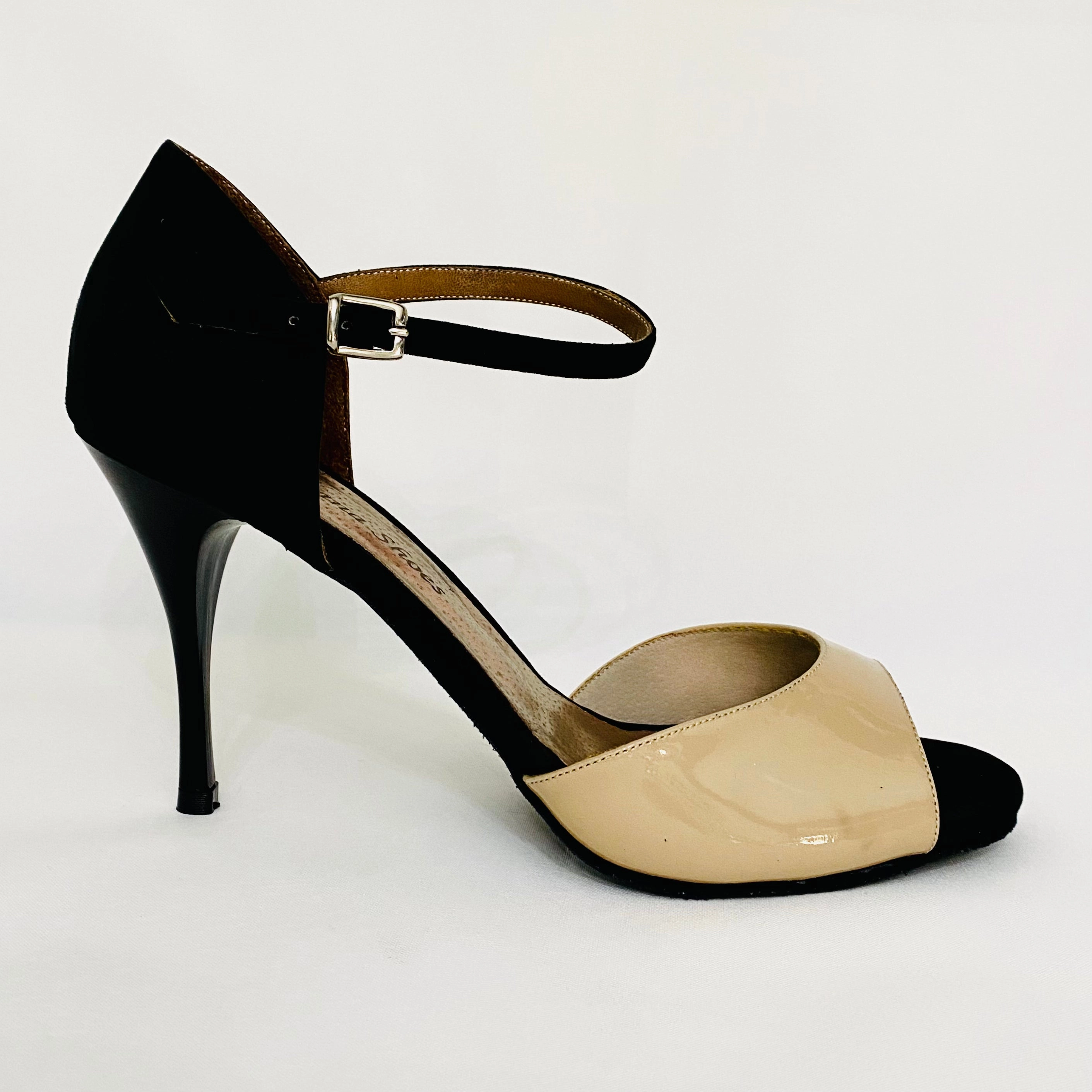 Almond - Nude Patent & Black Suede Tango Shoes High Heel Sandals With Rhinestones