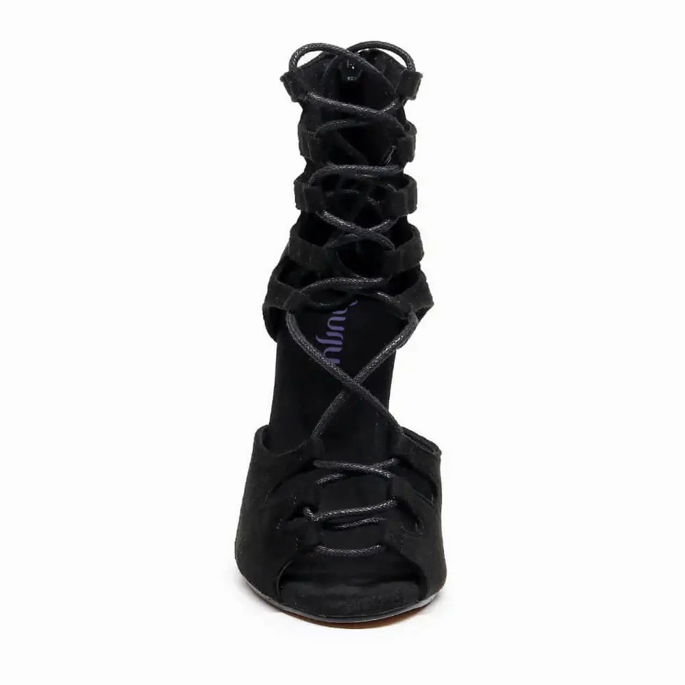 Amalia Adjustable Lace-Up Open-Toe Latin Dance Sandals (Street Sole) Knee High Boots Chunky Heel