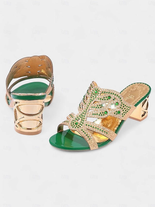 and Heeled Sandals Rhinestone Gold Embellished - Green