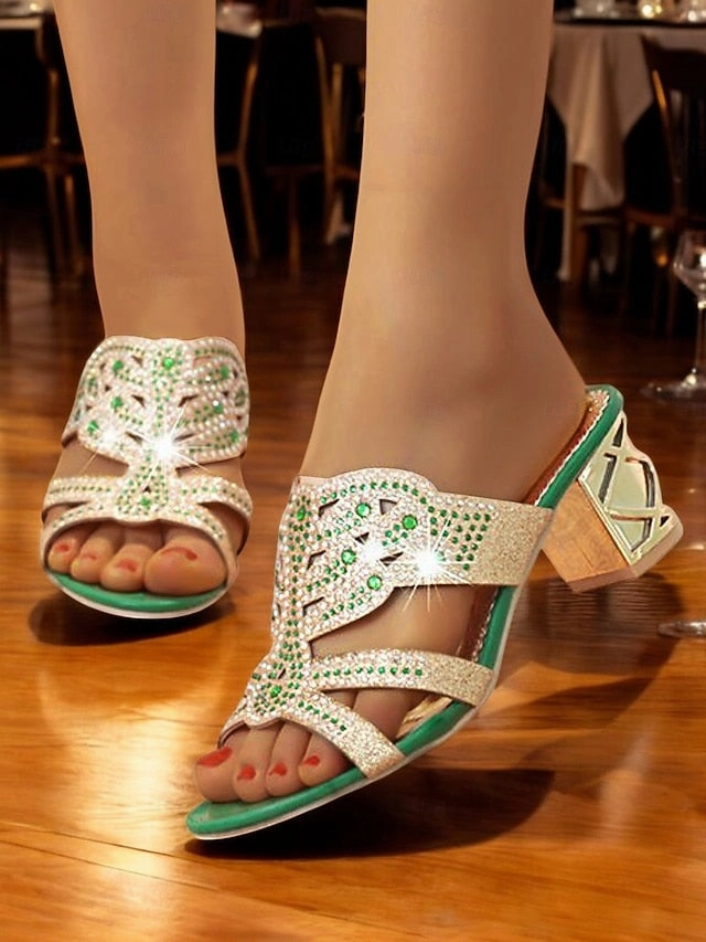and Heeled Sandals Rhinestone Gold Embellished - Green Balenciaga Sandals