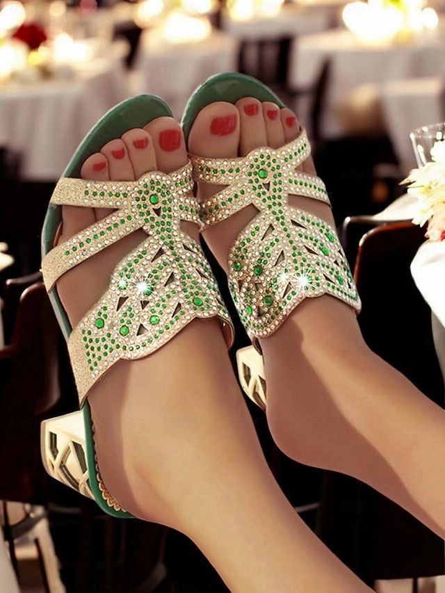 and Heeled Sandals Rhinestone Gold Embellished - Green Sandals Friday
