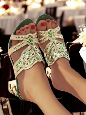 Ankle Wrap Sandals and Heeled Sandals Rhinestone Gold Embellished - Green