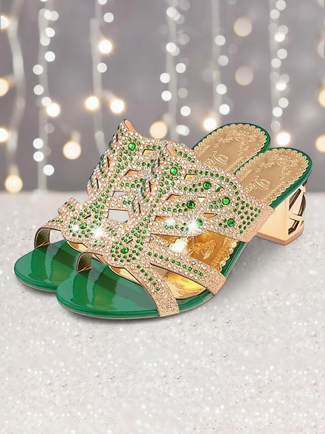 and Heeled Sandals Rhinestone Gold Embellished - Green