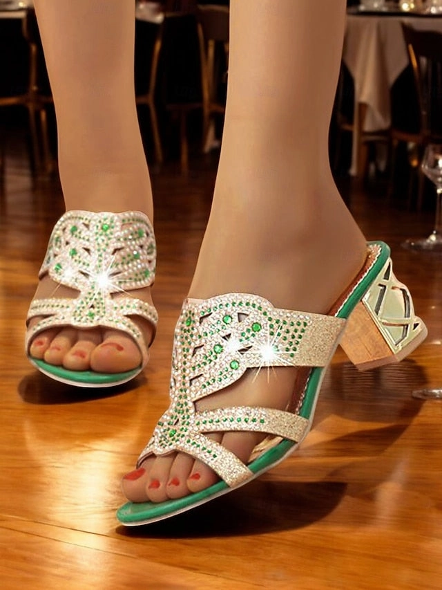 and Heeled Sandals Rhinestone Gold Embellished - Green