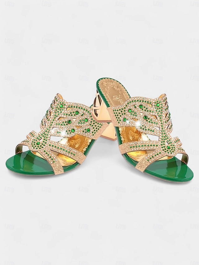 Sandals Croix and Heeled Sandals Rhinestone Gold Embellished - Green