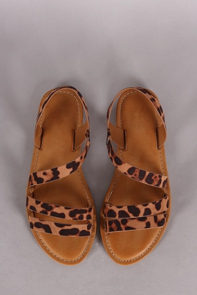 Bamboo Leopard Strappy Asymmetrical Flat Sandal Flat Shoe Vending Machine