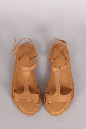 Walking Shoes Flat Feet Bamboo Snake Embossed T-Strap Open Toe Flat Sandal