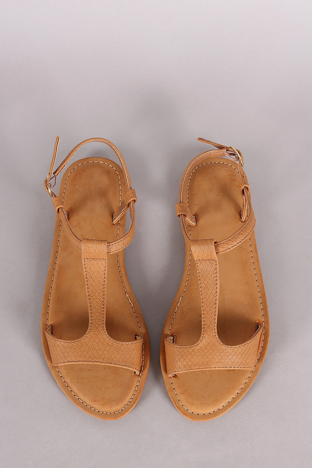 Non Slip Work Shoes For Flat Feet Bamboo Snake Embossed T-Strap Open Toe Flat Sandal