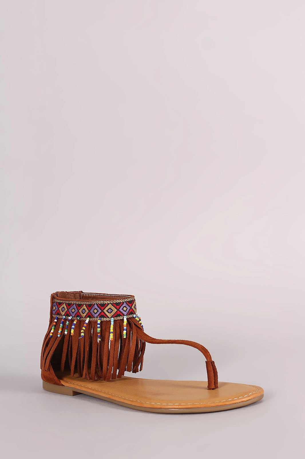 Bamboo Suede Embroidered Fringe Cuff T-Strap Flat Sandal Best Shoes For Wide Flat Feet