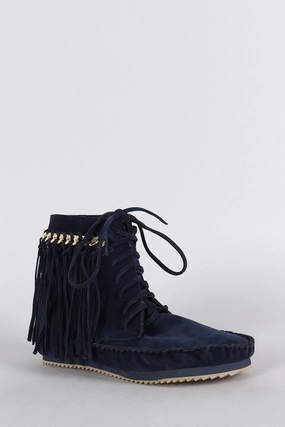 Bamboo Suede Link Chain Fringe Lace Up Moccasin Flat Booties Flat Rate Box For Shoes