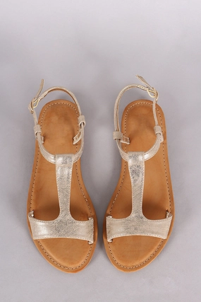 Comfortable Flat Shoes For Wide Feet Bamboo T-Strap Open Toe Flat Sandal