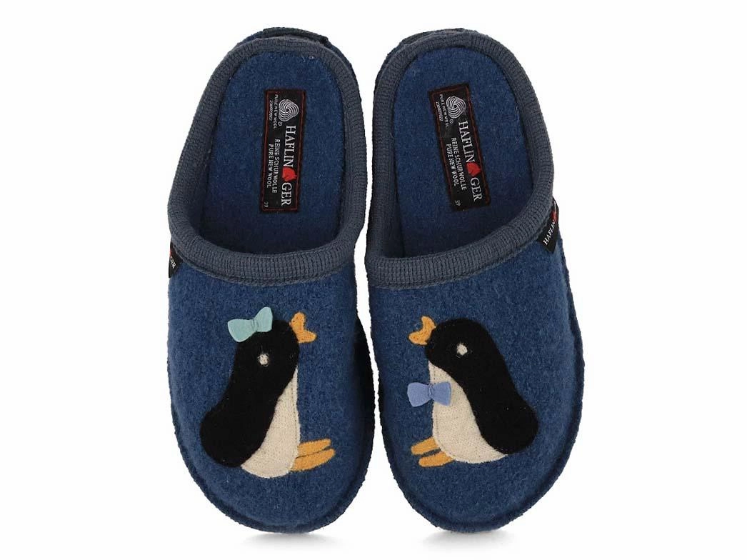 HAFLINGER Women Boiled Wool Slippers 'Flair Pingu', blue Fly Flot Slippers