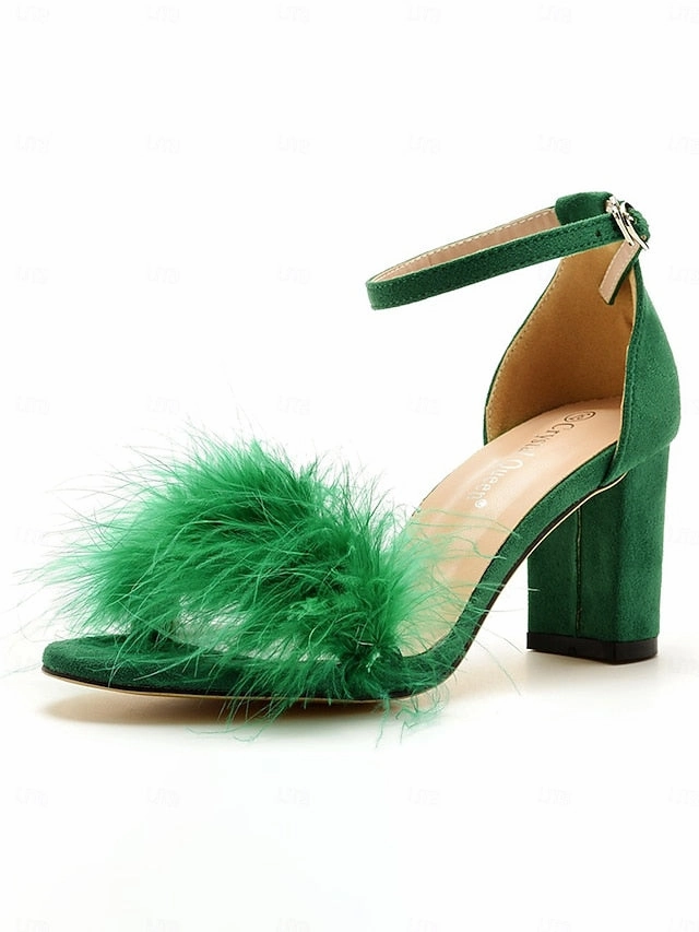 Block Feather-Embellished  Sandals for Women Heel Wedding