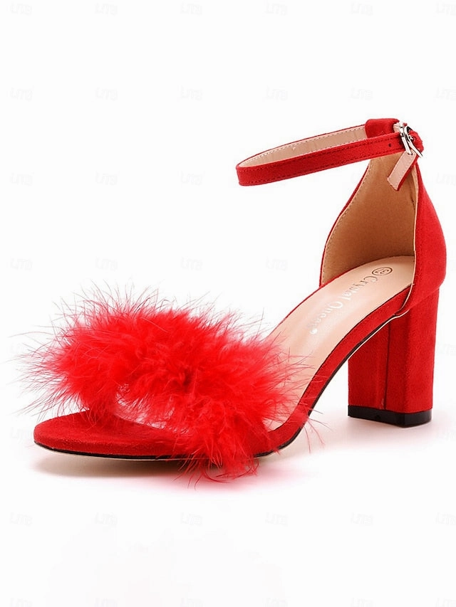 Block Feather-Embellished  Sandals for Women Heel Wedding