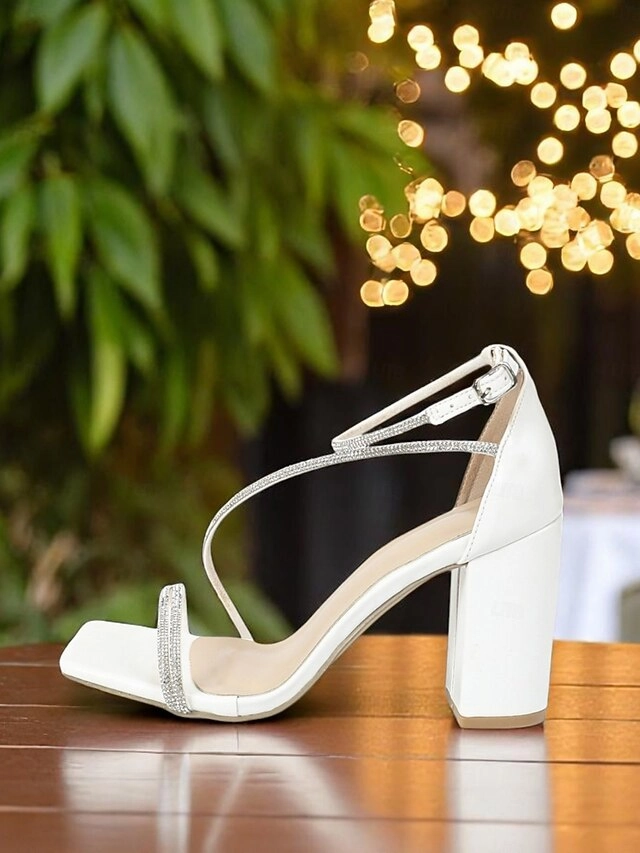 Block Rhinestone White Straps Sandals with - Women's Heel Fancy Flat Sandals