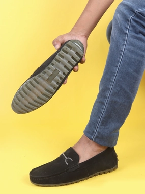 Smart Casual Shoes With Shorts Men Black Horsebit Buckle Suede Leather Slip On Driving Loafers