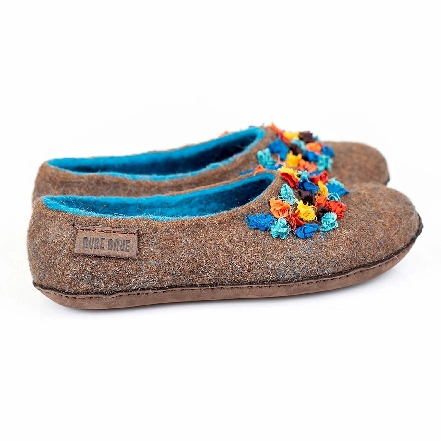 Leather Slide Sandals Brown/Blue SILK Alpaca - felted wool house slippers for women