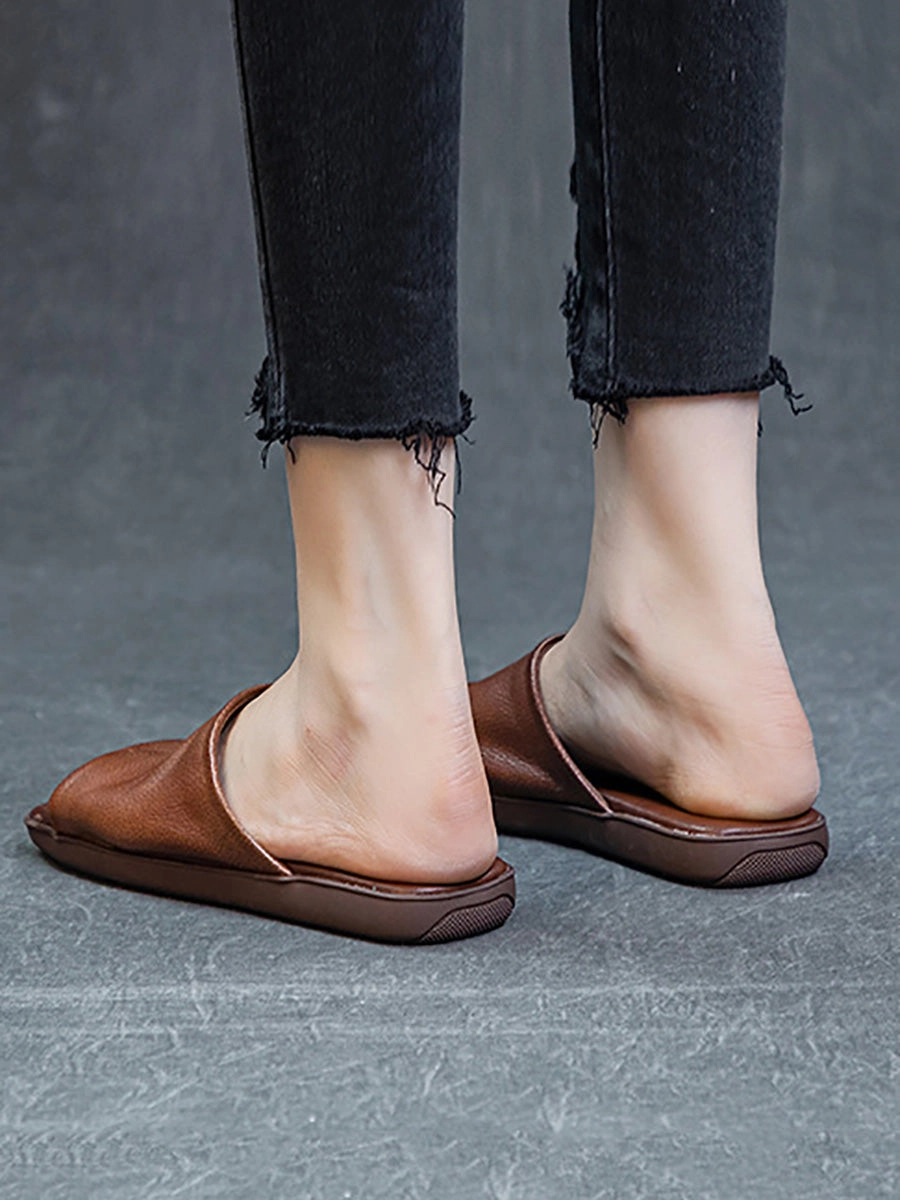 Gripper Slippers Women Summer Casual Solid Leather Flat Slippers FD052