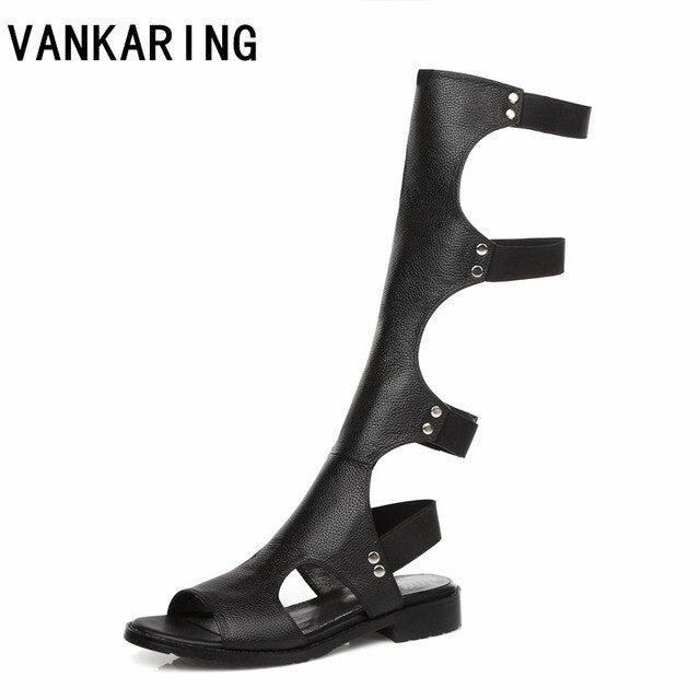 classic design fashion gladiator summer sandals women knee high boots ladies sexy cut-outs black boots leather dress shoes woman Gore Tex Boots