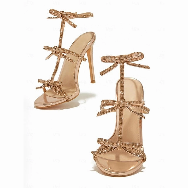 Sparkly Sandals Knot  Strappy Bow Women's Stiletto Gold Sandals For Bunionettes