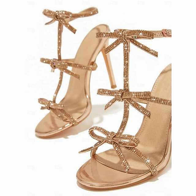 Sparkly Sandals Knot  Strappy Bow Women's Stiletto Gold