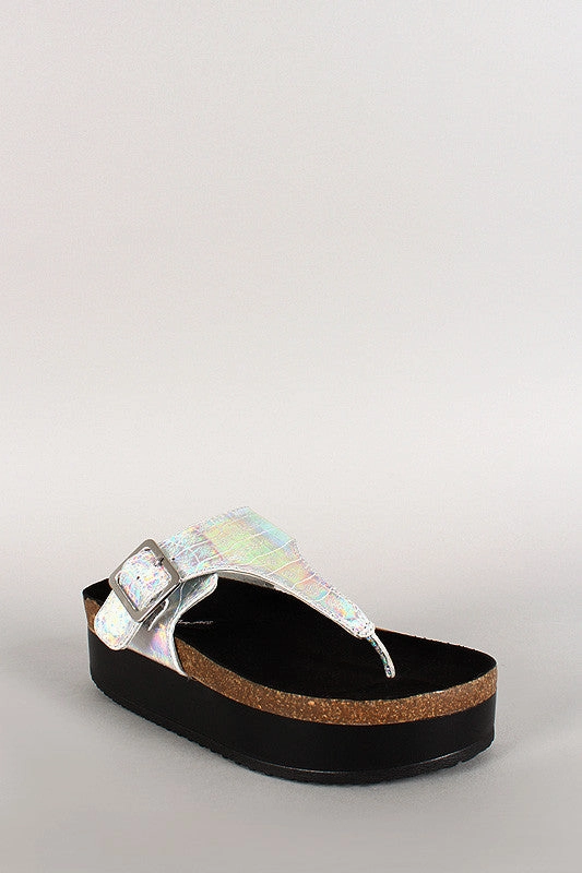 Wild Diva Lounge Iridescent Thong Open Toe Footbed Platform Flat Sandal Mary Jane Shoes Flats