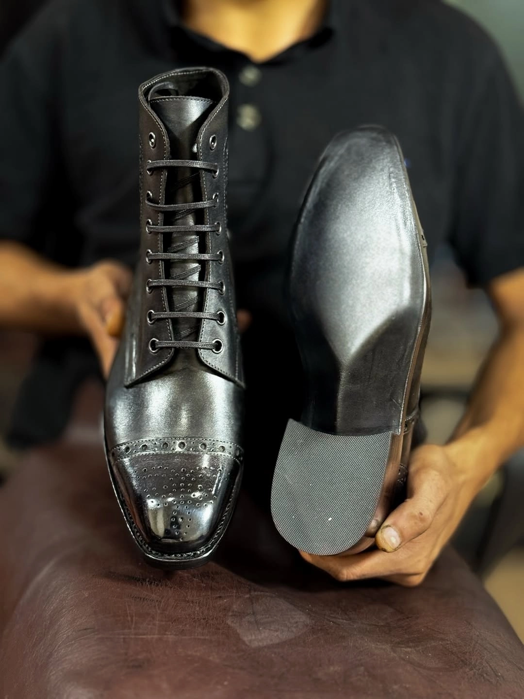 The London Black Brogue Boot - Handcrafted Leather Hiking Shoes Raleigh Nc