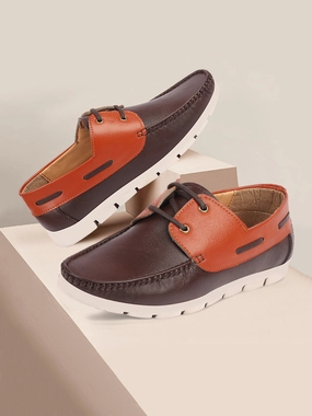 Men Brown Side Lace Stitched Design Lace Up Boat Shoes Casual Bike Clip Shoes