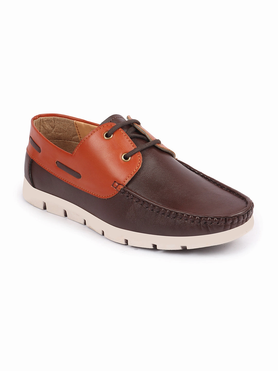 Shoes Casual Stylish Men Brown Side Lace Stitched Design Lace Up Boat Shoes