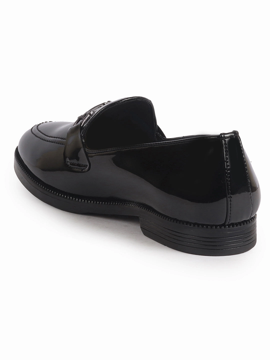 Men Black Patent Leather Horsebit Buckle TPR welted Sole Ethnic Slip On Shoes|Party Shoe|Anti Skid Sole Casual Shoes For Trousers