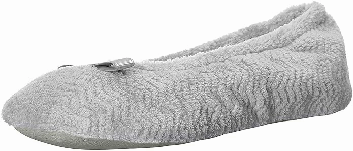 Happy Feet Sneaker Slippers Isotoner Women's Chevron Microterry Ballerina Slipper with Moisture Wicking Lining, Ribbon Bow and Suede Sole for Comfort