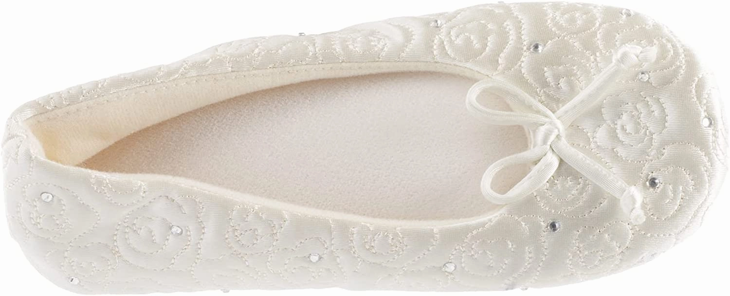 Isotoner Women's Rose Quilted Satin Ballerina Slippers with Rhinestones Fluff Yeah Slippers