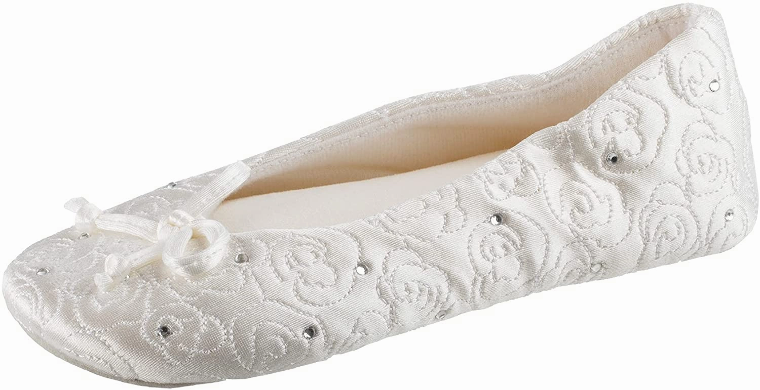 Isotoner Women's Rose Quilted Satin Ballerina Slippers with Rhinestones Pretty You London Slippers