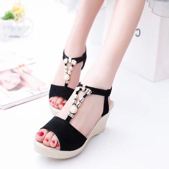 Leather Strappy Sandals Summer Women Gladiator Sandals Wedges High Heel Platform Laides Shoes Peep Toe String Beads Casual Female Zapatos De Mujer