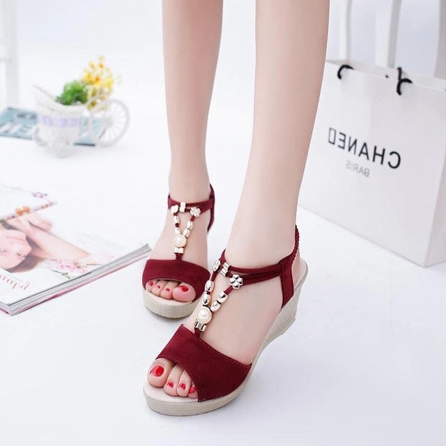 High Heeled Sandals Summer Women Gladiator Sandals Wedges High Heel Platform Laides Shoes Peep Toe String Beads Casual Female Zapatos De Mujer