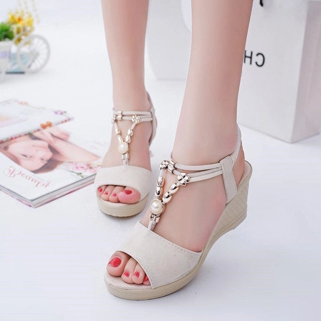 Sandals Flat Strappy Summer Women Gladiator Sandals Wedges High Heel Platform Laides Shoes Peep Toe String Beads Casual Female Zapatos De Mujer