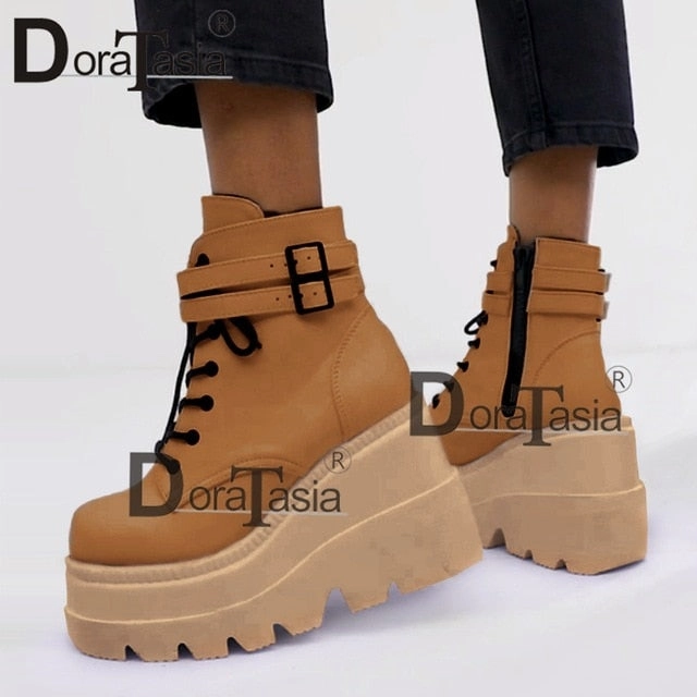 DORATASIA Luxury Brand New INS Hot Ladies High Platform Boots Fashion High Heels Ankle Boots Women 2020 Party Wedges Shoes Woman Square Toe Lace Up Work