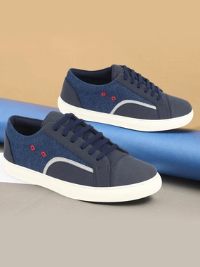 Men Navy Blue Colorblocked Upper Denim Strip Design Comfort Lace Up Canvas Sneakers Shoes Wear Training Shoes Casually