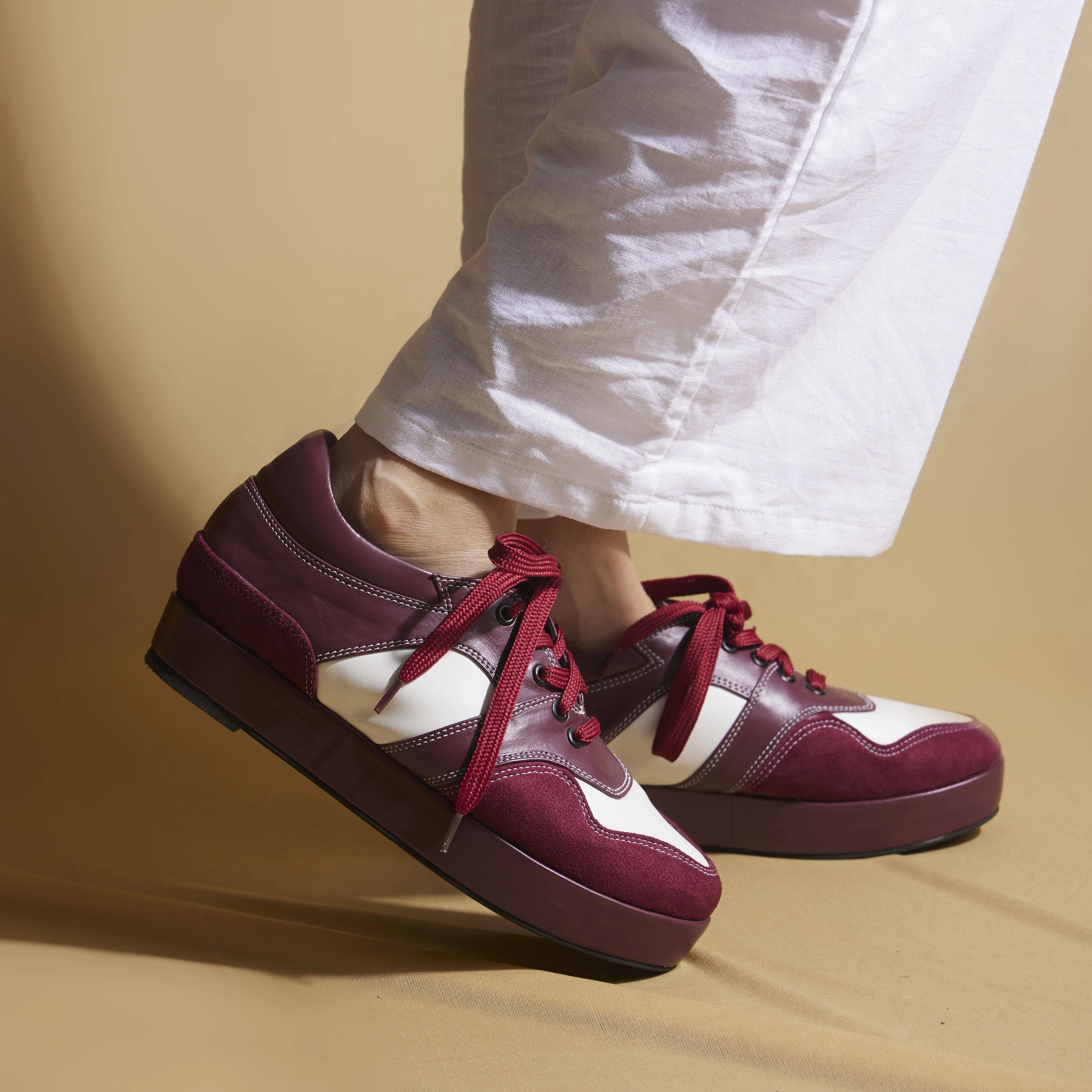 Fashionable Sneakers Maroon Leather Sneakers  0.25 Inch Platform |  Customisable