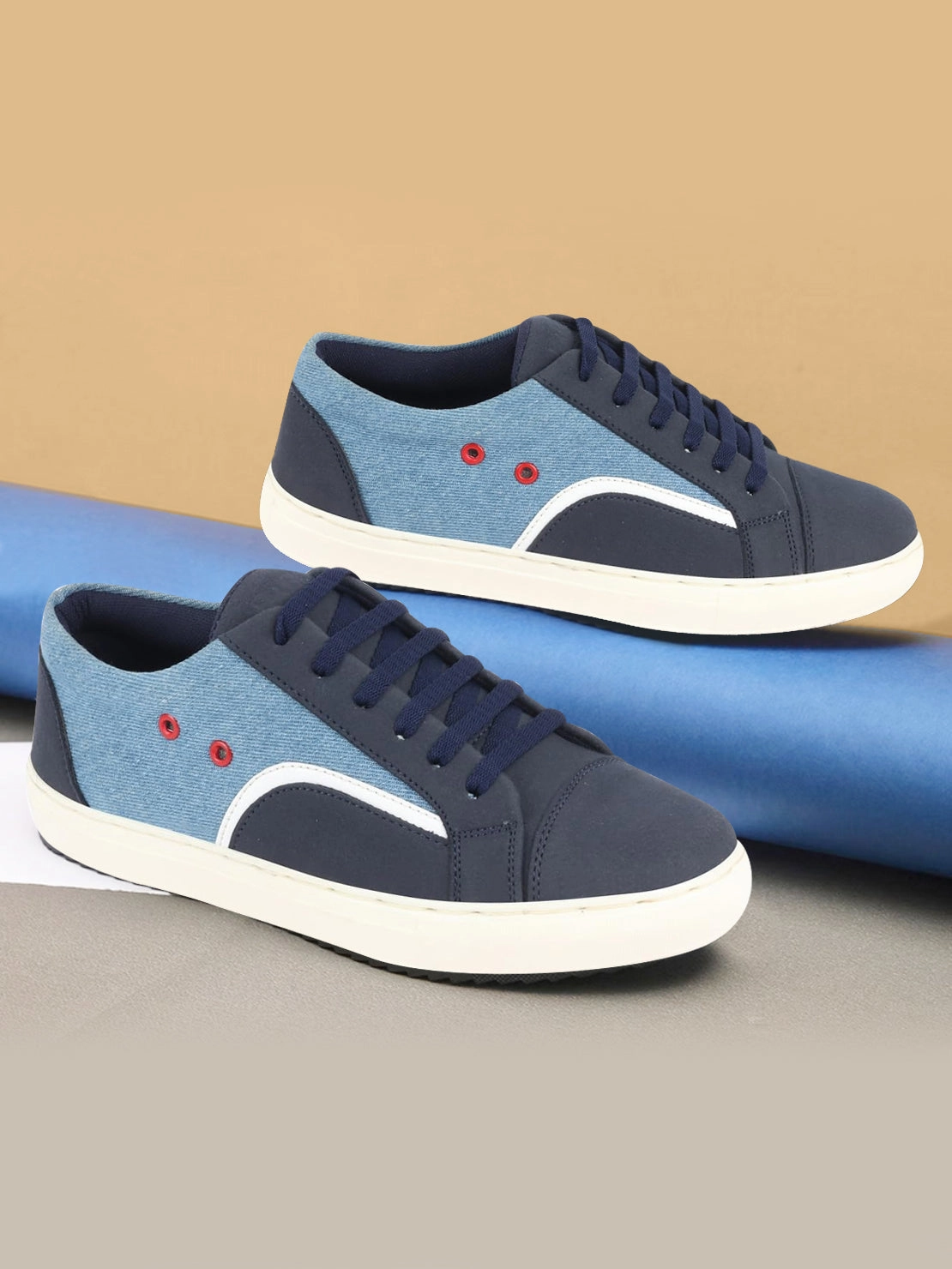 Men Sky Blue Colorblocked Upper Denim Strip Design Comfort Lace Up Canvas Sneakers Shoes Business Casual Pants Shoes