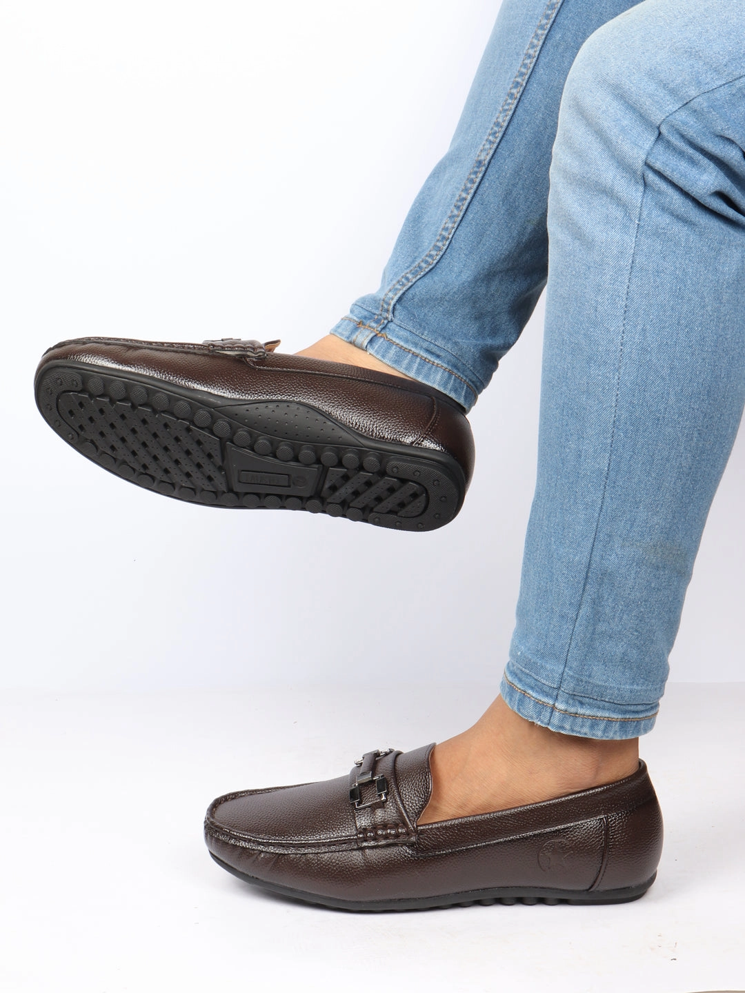 Arch Support Casual Shoes Men Brown Textured Design Horsebit Buckle Casual Classic Slip On Moccasins and Loafers