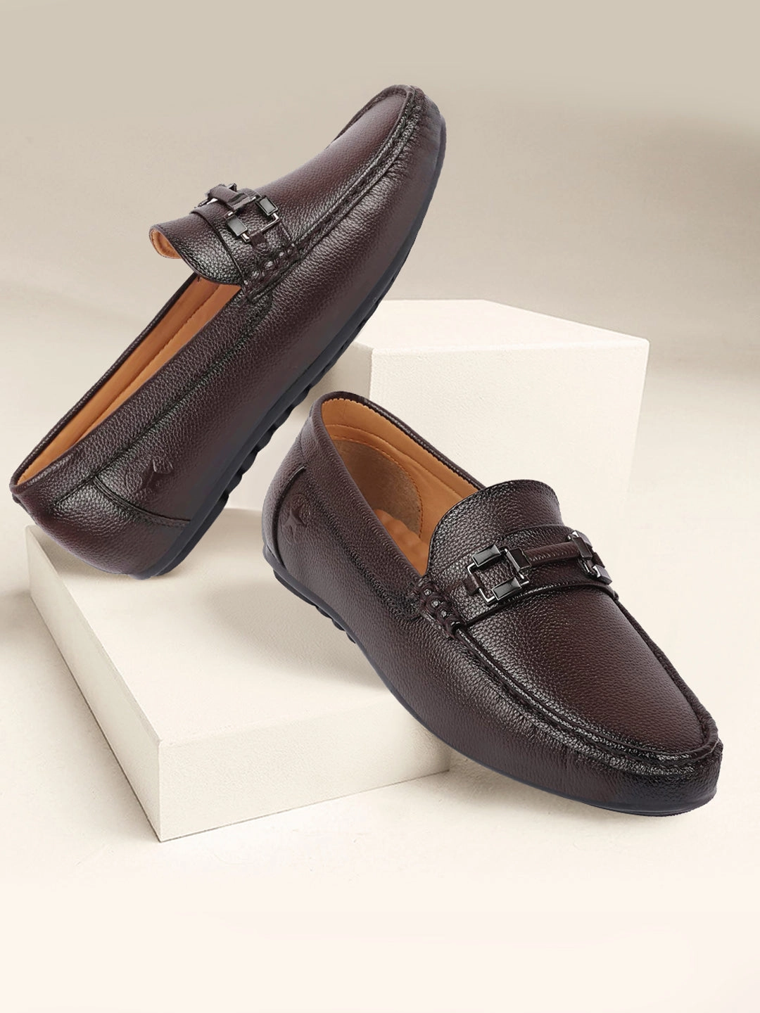 Casual Shoes With Suit Men Brown Textured Design Horsebit Buckle Casual Classic Slip On Moccasins and Loafers