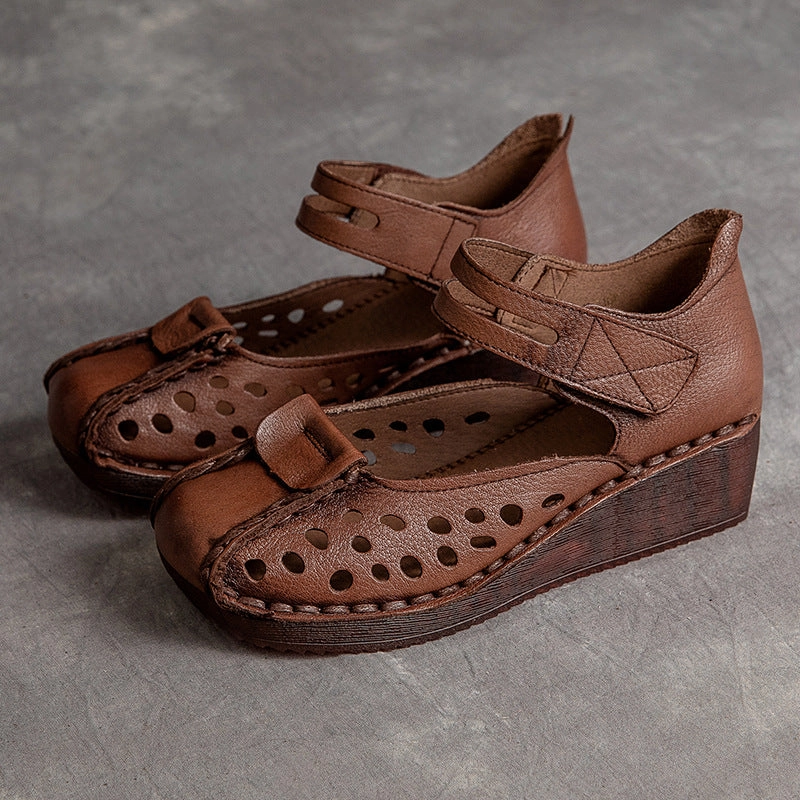Leather Platform Sandals Women Summer Hollow Leather Wedge Casual Sandals