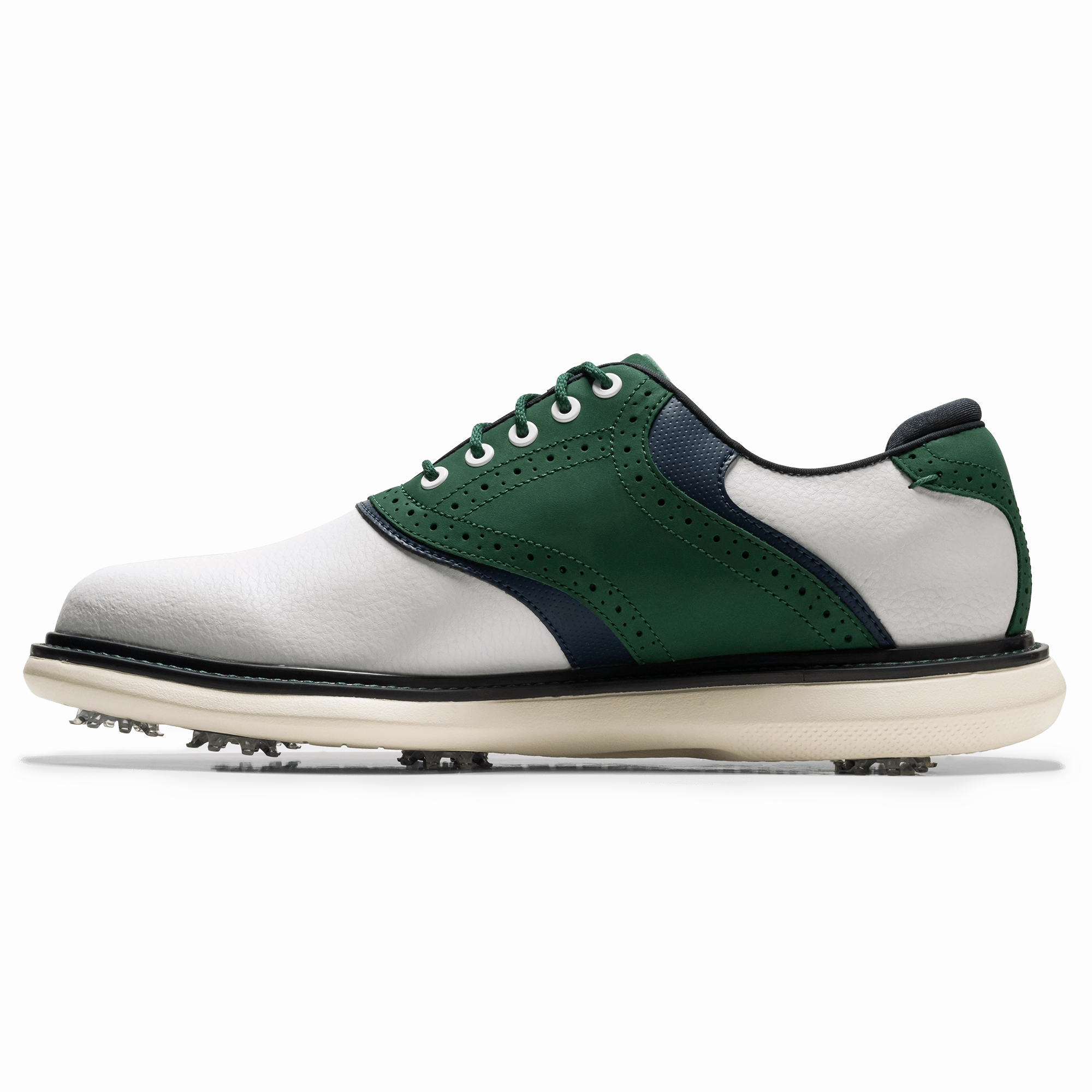 FootJoy Men`s 2025 Traditions Golf Shoes- White/Navy/Olive Mission Leather Low Approach Shoes